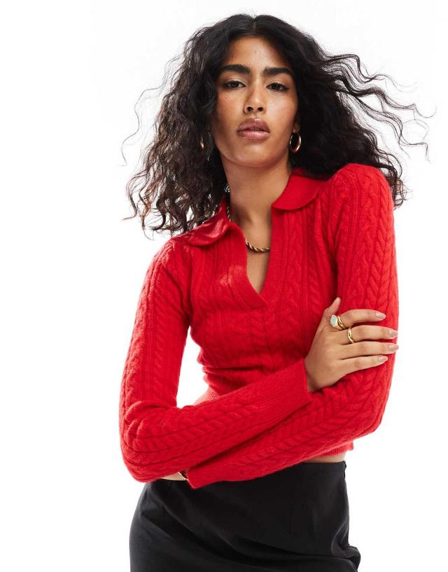 Bershka cable polo neck sweater in red Product Image