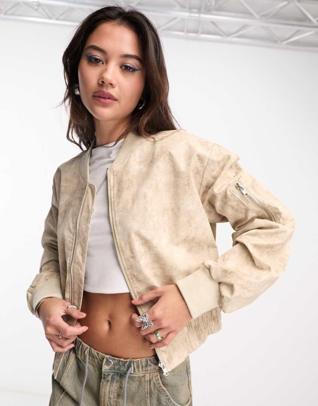 COLLUSION distressed printed bomber jacket in neutral  Product Image