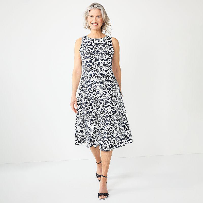 Womens Croft & Barrow Sleeveless Fit & Flare Midi Dress Blue Folk Floral Product Image