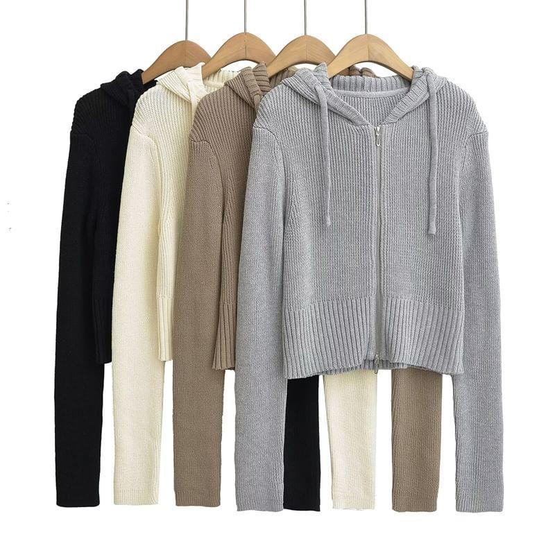 Drawstring Hooded Plain Zip Up Cropped Ribbed Knitted Cardigan Product Image