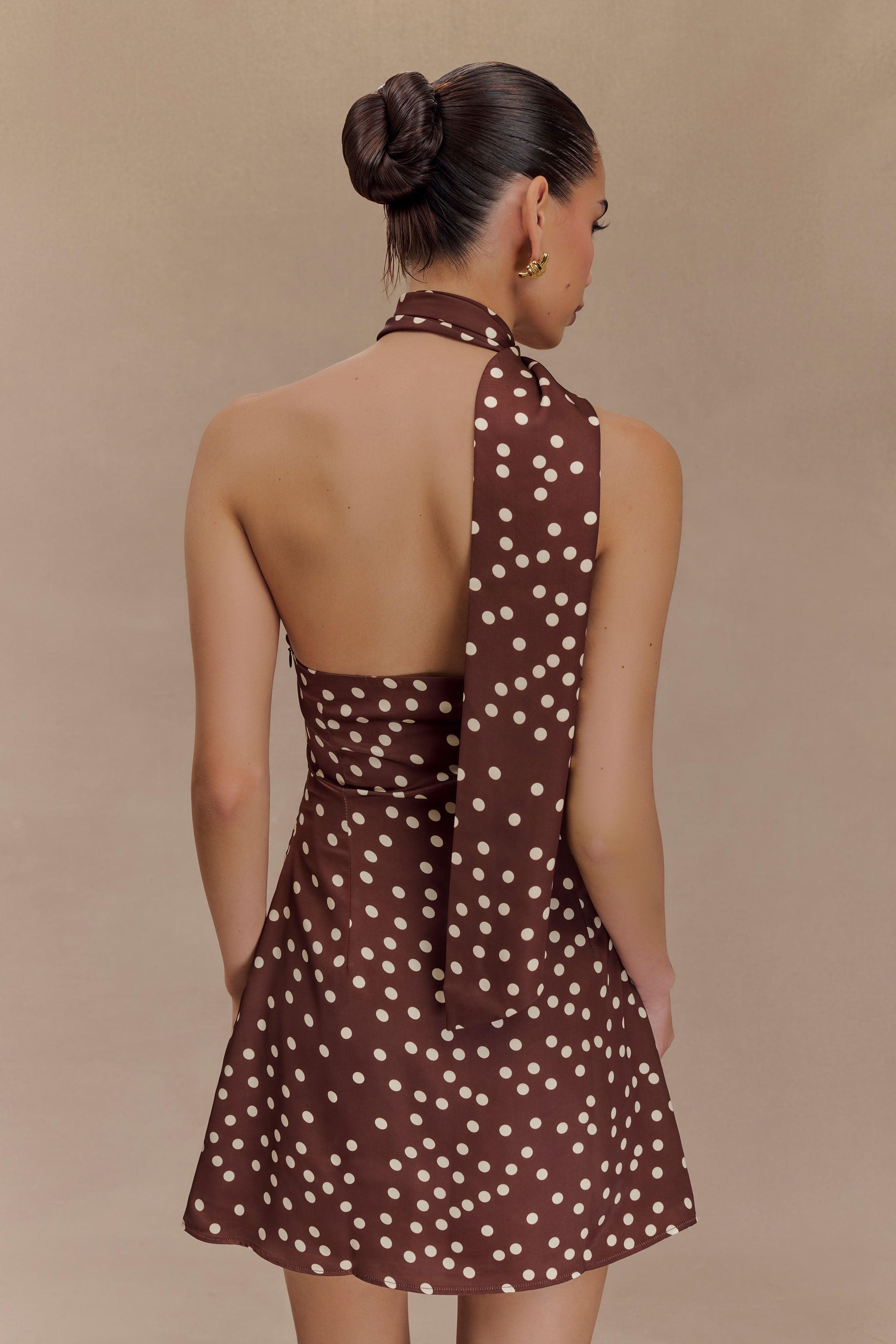 Joan Satin Asymmetrical Mini Dress - Brown Polka Dot Print Product Image