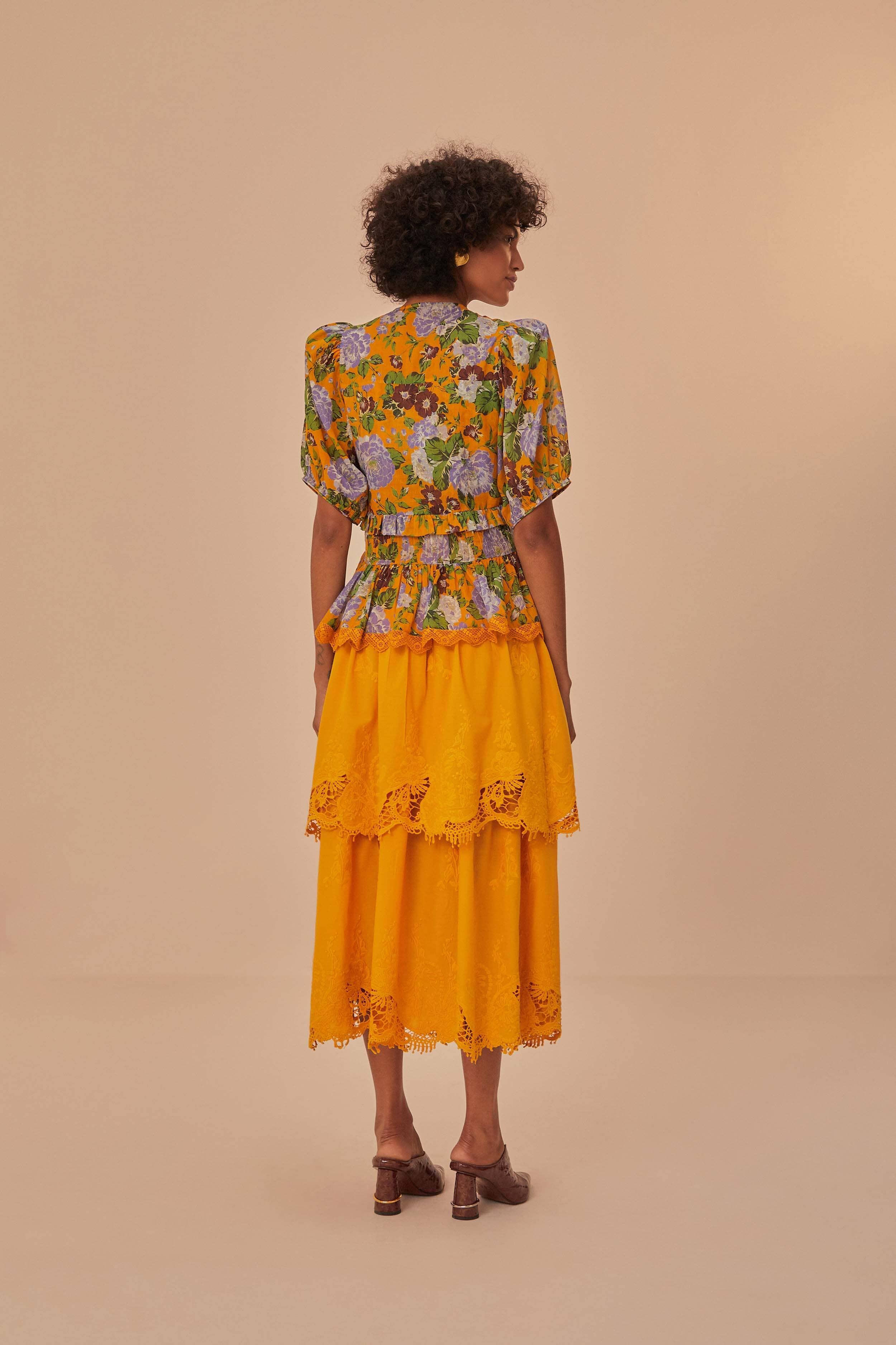 Yellow Mustard Tiered Lace Midi Skirt Product Image