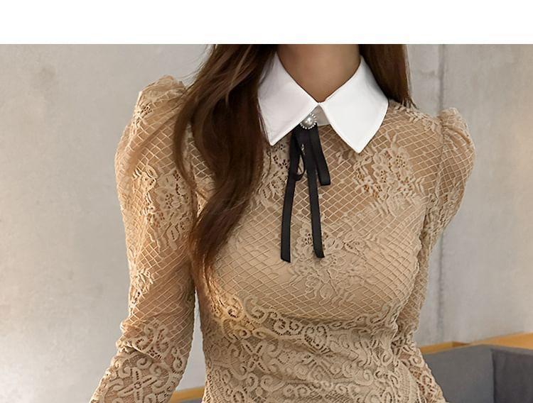 Set: Long-Sleeve Contrast Collar Lace Blouse + High Waist Asymmetrical Mini Pencil Skirt Product Image