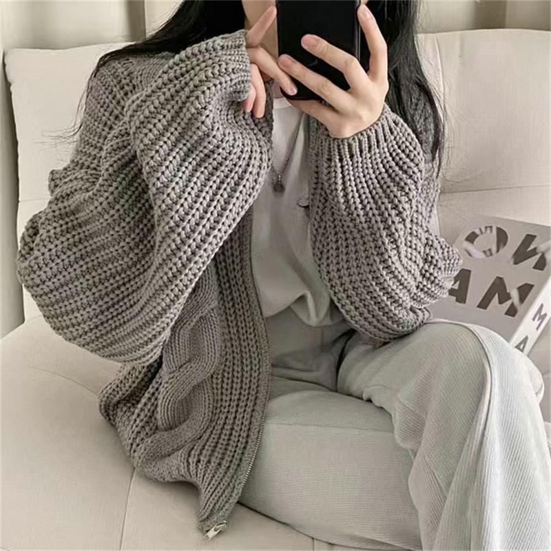 Round Neck Plain Cable Knit Zip Cardigan Product Image