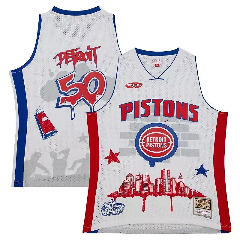 Mens Mitchell & Ness x Tats Cru White Detroit Pistons Hardwood Classics Fashion Jersey Product Image