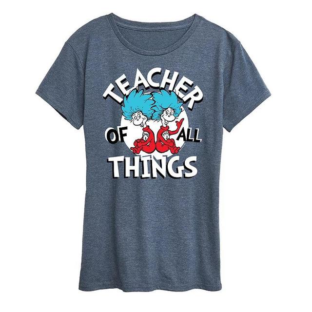 Womens Dr. Seuss Teacher Of All Things Graphic Tee Grey Royal Blue Product Image