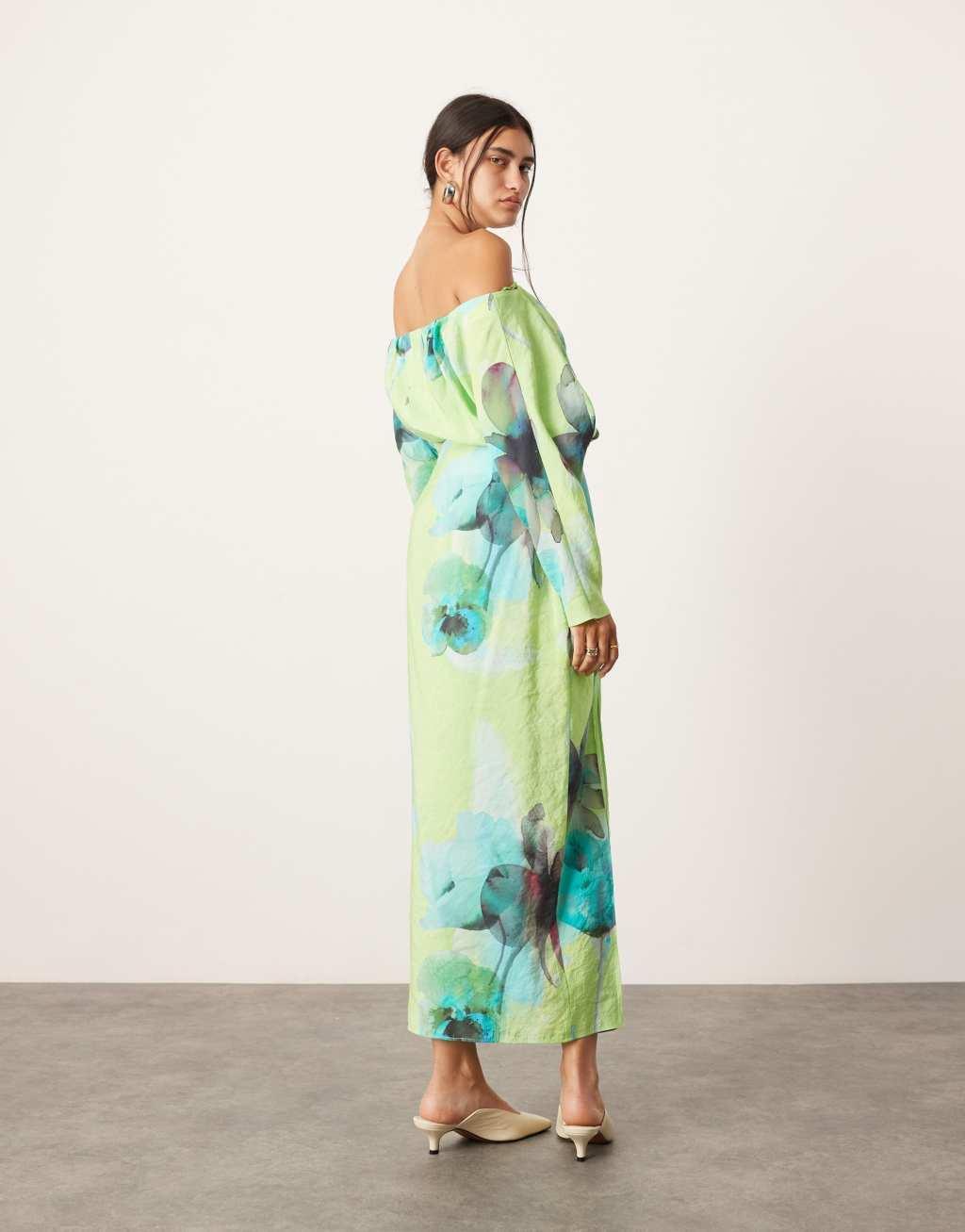 ASOS EDITION twist off the shoulder maxi dress with cut out detail in large floral print Product Image