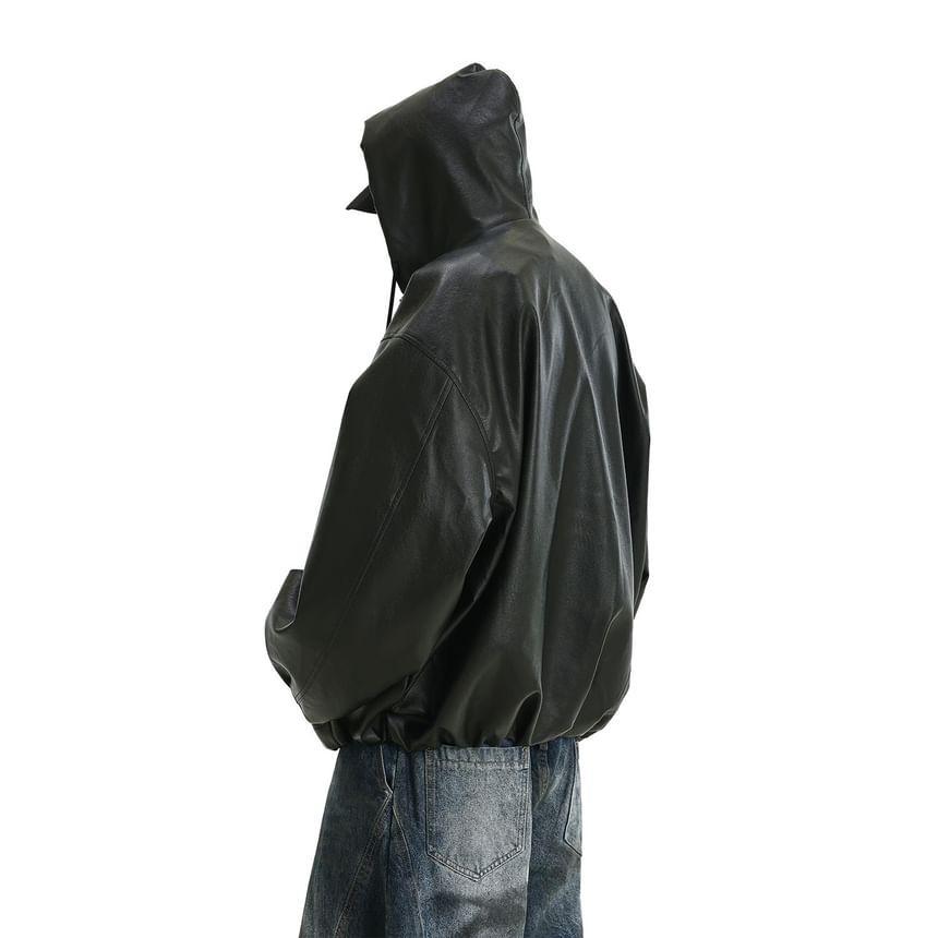 Plain Hood Faux Leather Zip Jacket Product Image