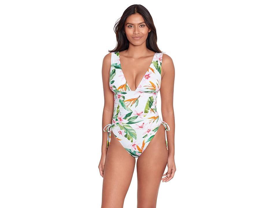 LAUREN Ralph Lauren Watercolor Tropical Floral Shirred Plunge One Piece (Multicolor) Women's Swimsuits One Piece Product Image