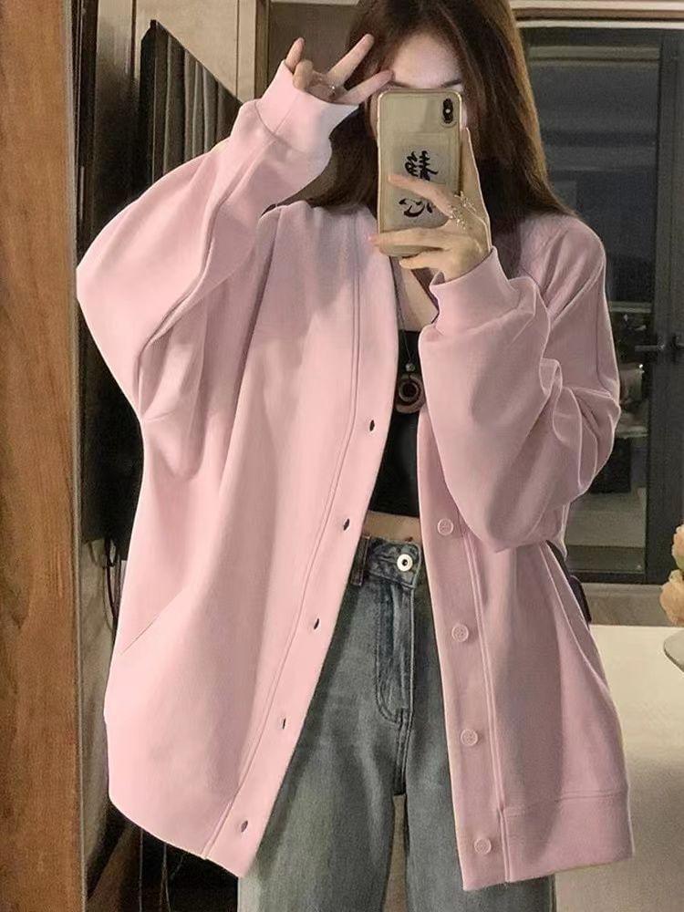 V-Neck Plain Oversized Bomber Jacket Product Image