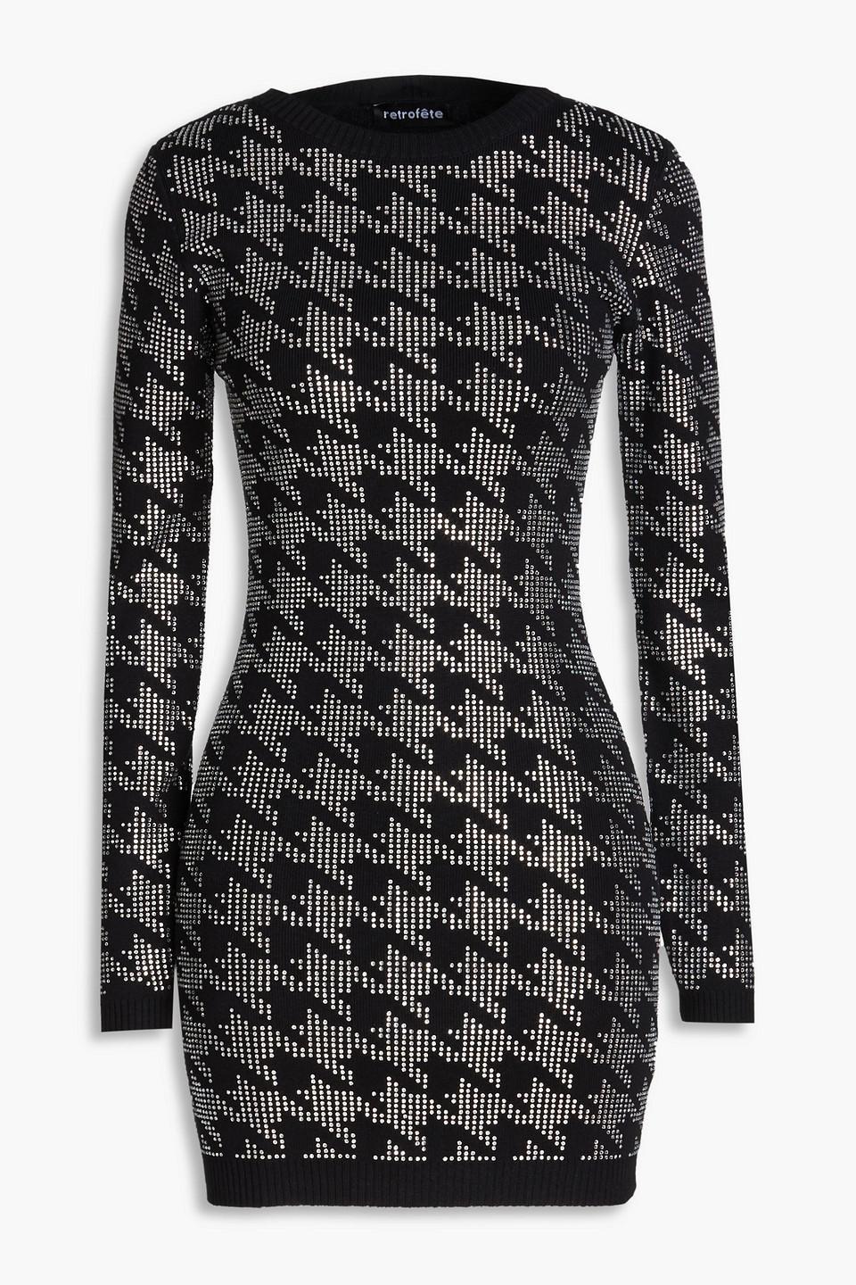 Leanna Crystal-embellished Knit Mini Dress In Black Silver Houndstooth Product Image