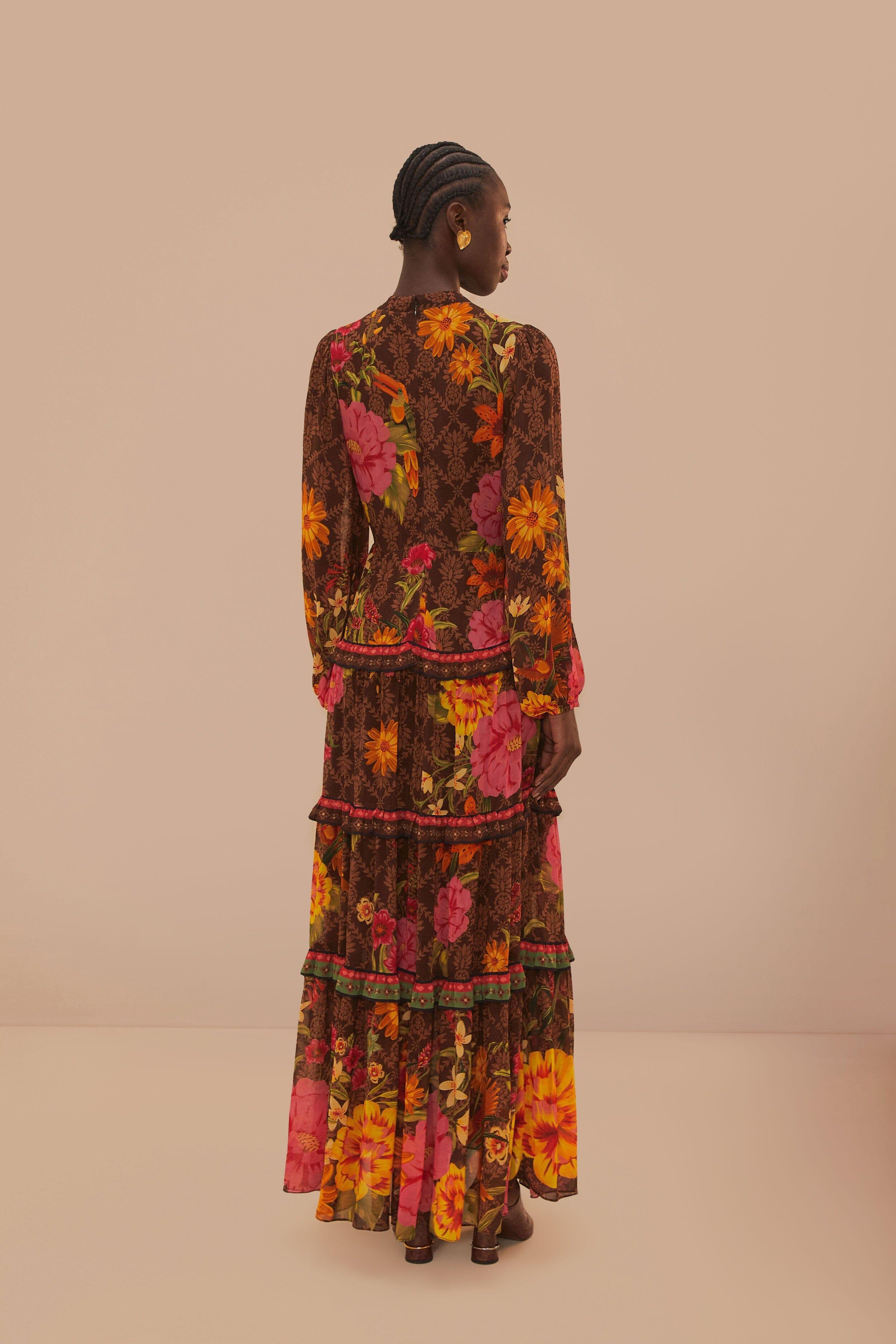 Brown Charming Garden Long Sleeve Maxi Dress Product Image