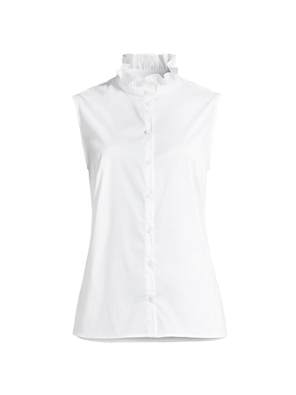 Womens Ruffle Neck Stretch Cotton Blouse Product Image