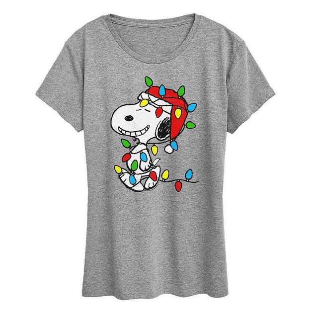 Womens Peanuts Snoopy Christmas Lights Graphic Tee Grey Royal Blue Product Image