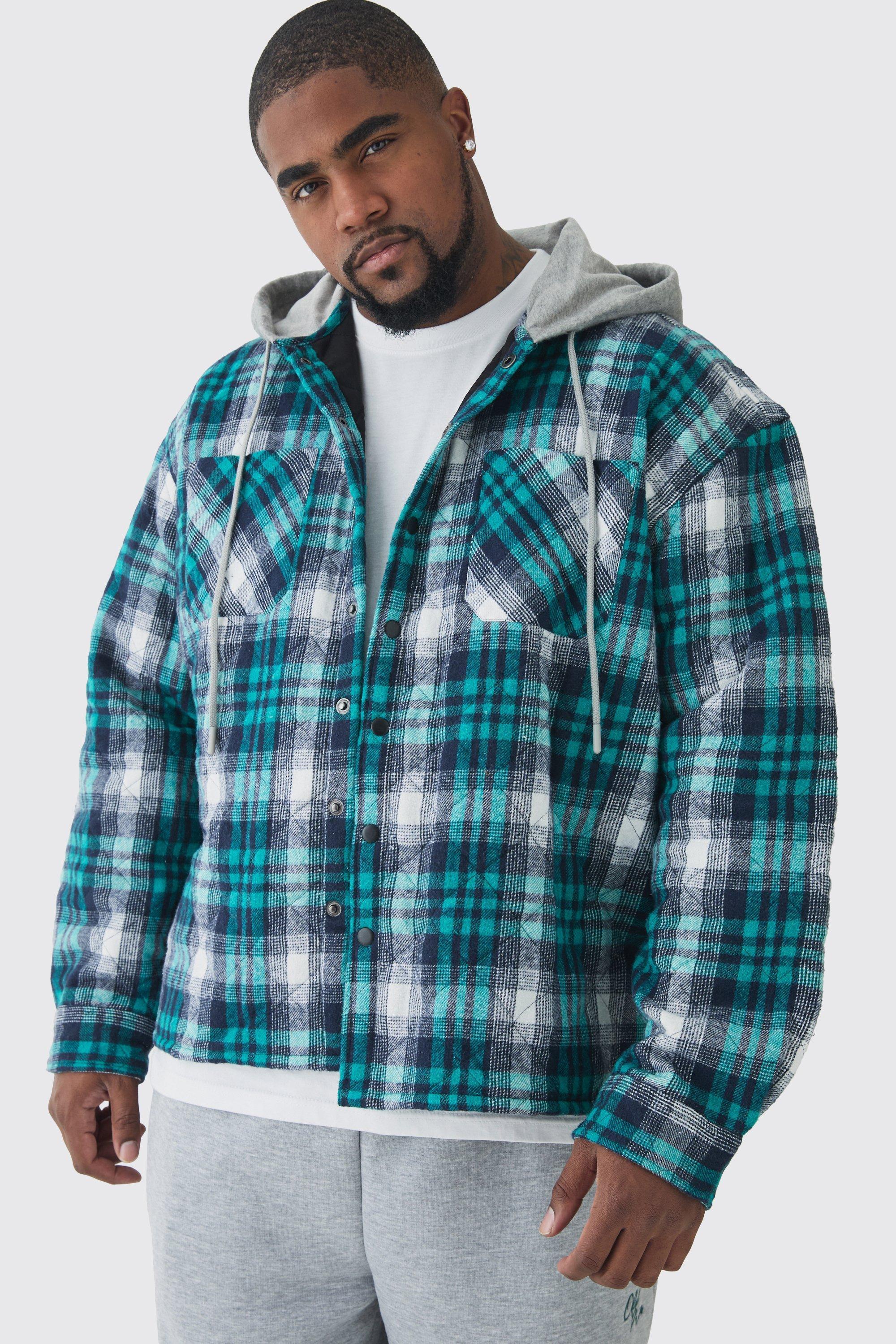 Plus Jersey Homme Hood Padded Plaid Overshirt | boohooMAN USA Product Image