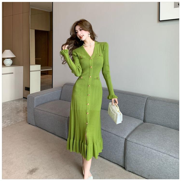 Long Sleeve V-Neck Plain Ribbed Knitted Bodycon Midi Dress Product Image