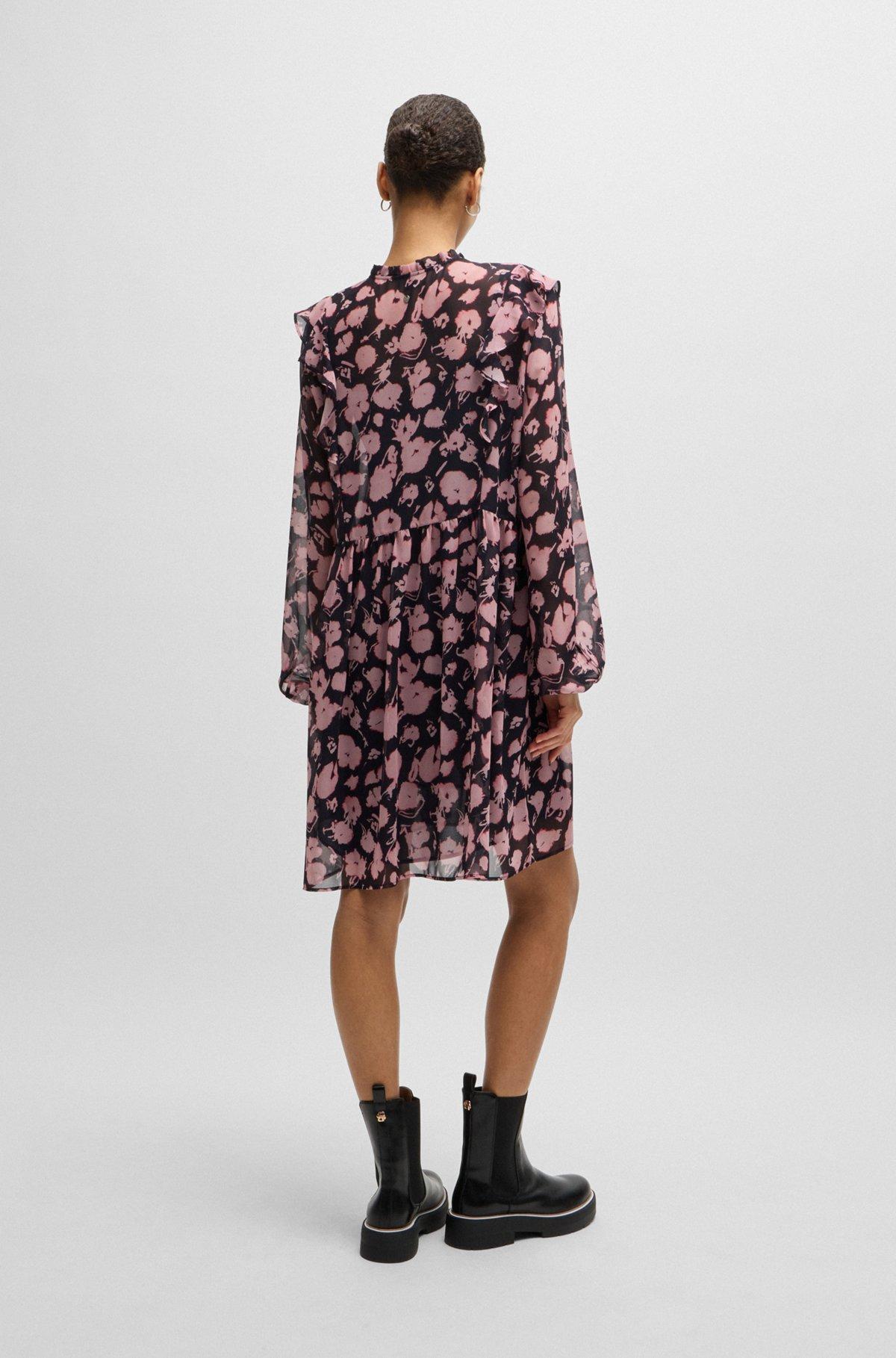 Printed dress with ruffle trims and button cuffs Product Image