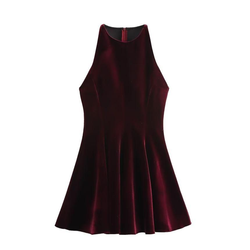 Sleeveless Round Neck Plain Velvet Midi A-Line Dress Product Image