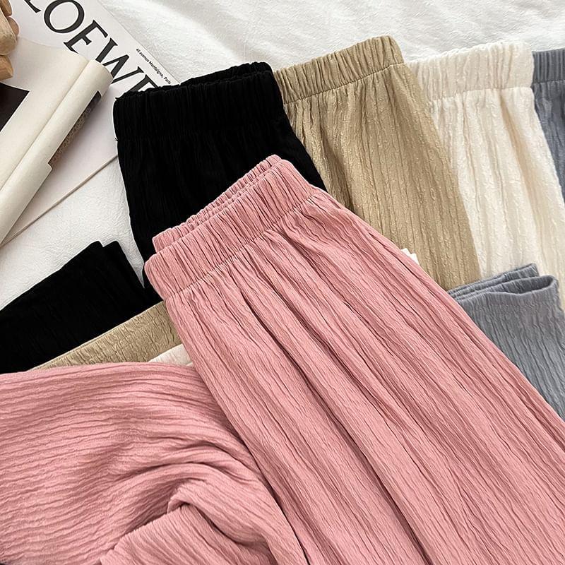 Set: Long-Sleeve Cold Shoulder Plain Top + Elastic Waist Plain Wide Leg Pants Product Image