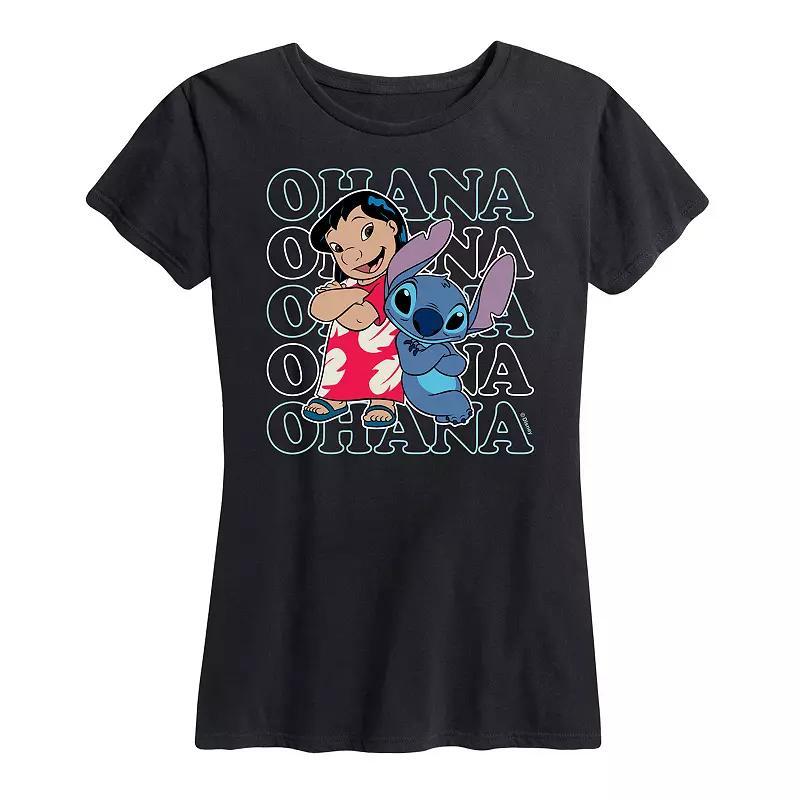 Disneys Lilo & Stitch Womens Ohana Repeated Graphic Tee Grey Blue Product Image