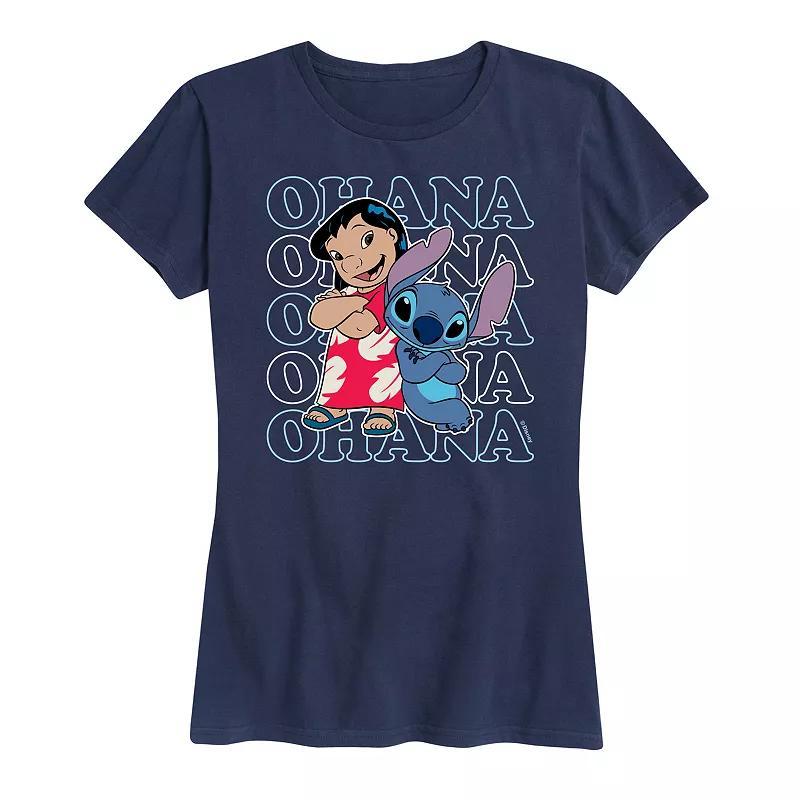 Disneys Lilo & Stitch Womens Ohana Repeated Graphic Tee Grey Blue Product Image