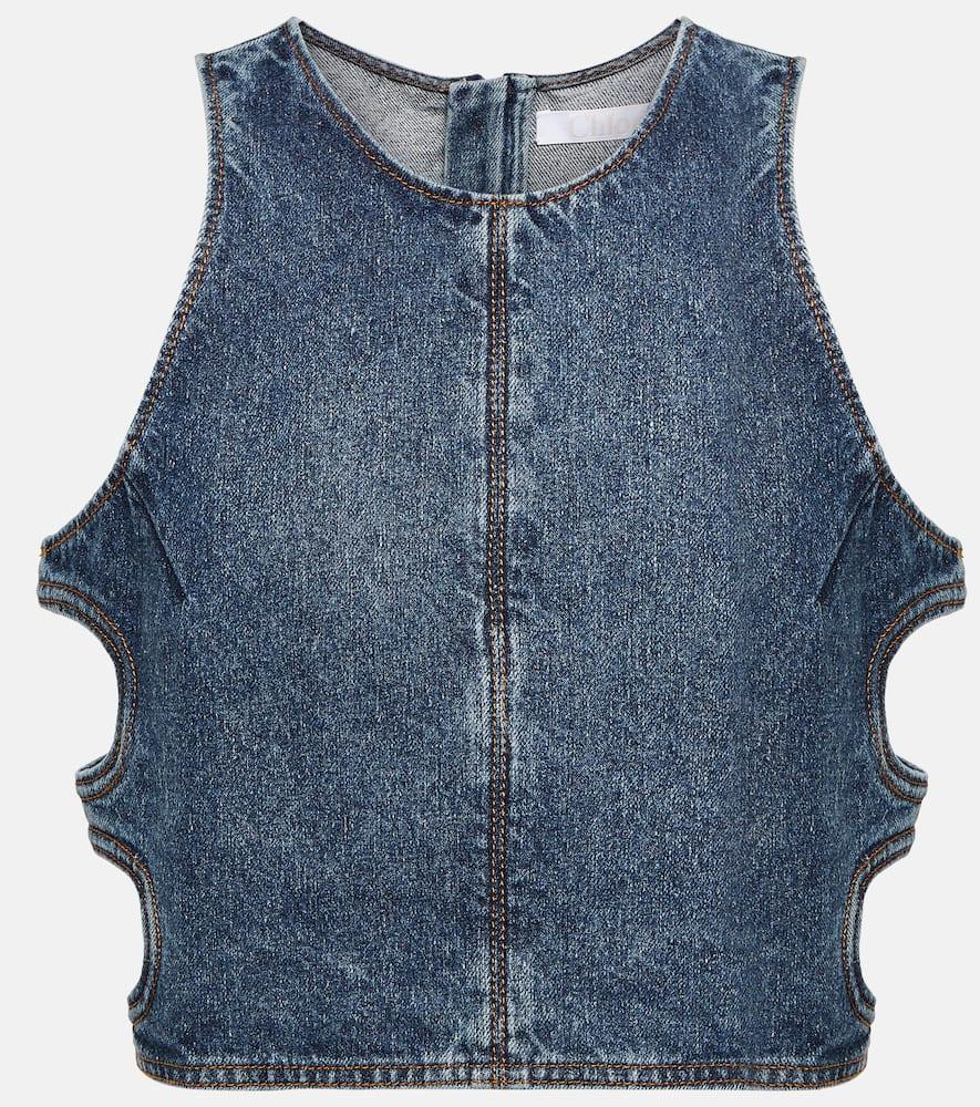 CHLOÉ Denim Cut-out Sleeveless Blouse In Faded Denim Product Image