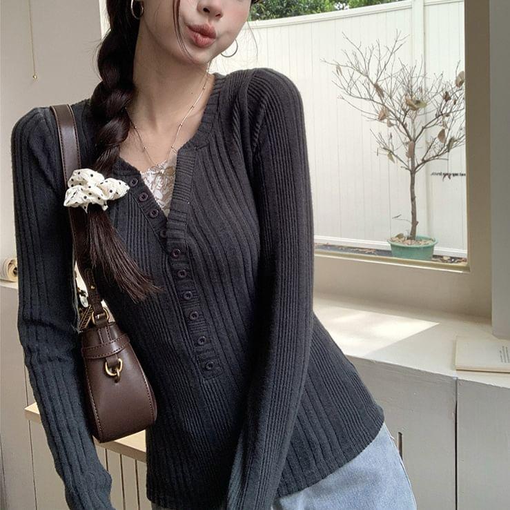 Long Sleeve Mock Two Piece Lace Panel Ribbed-Knit Slim-Fit Top Product Image