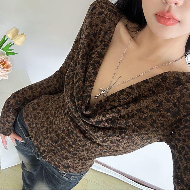 Long-Sleeve Cowl Neck Leopard Print Tee Product Image