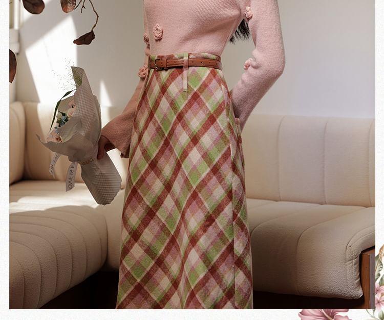 Set: Long-Sleeve V-Neck Plain Top + High Waist Plaid Midi Skirt Product Image