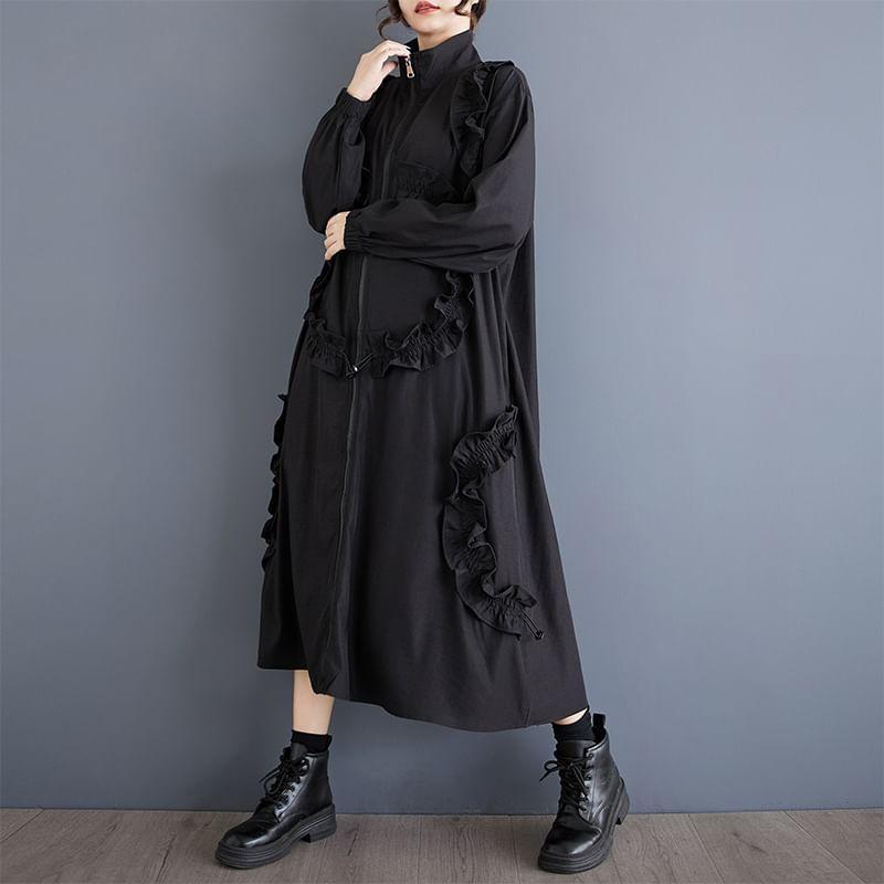 Mock Neck Frill Trim Plain Zip-Up Long Coat Product Image