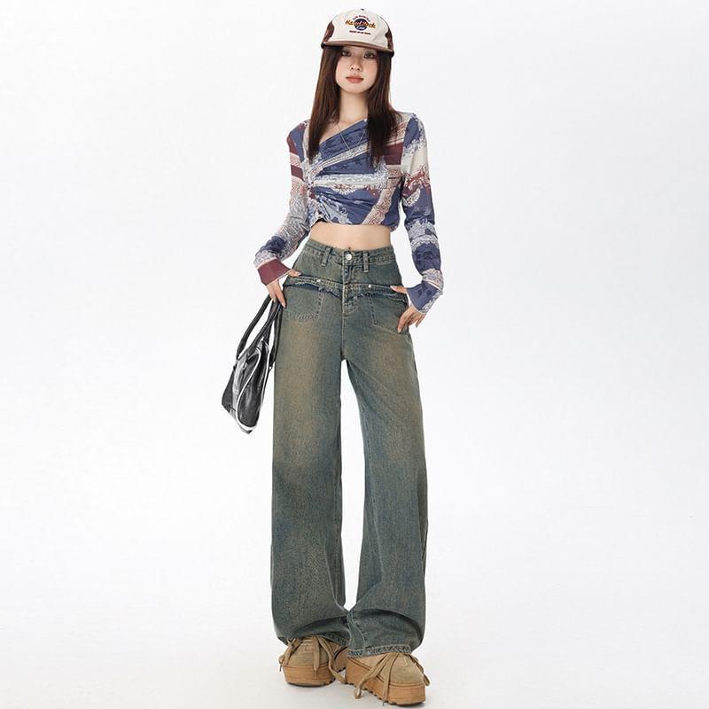 Mid Waist Washed Wide Leg Jeans (Various Designs) Product Image