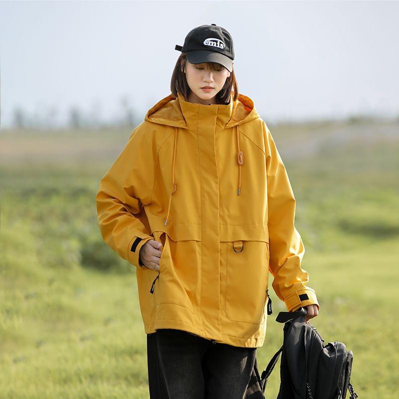 Stand Collar Drawstring Hooded Zip Windbreaker Product Image