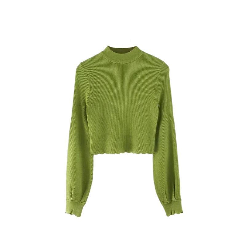 Mock Neck Plain Ribbed Crop Sweater Product Image