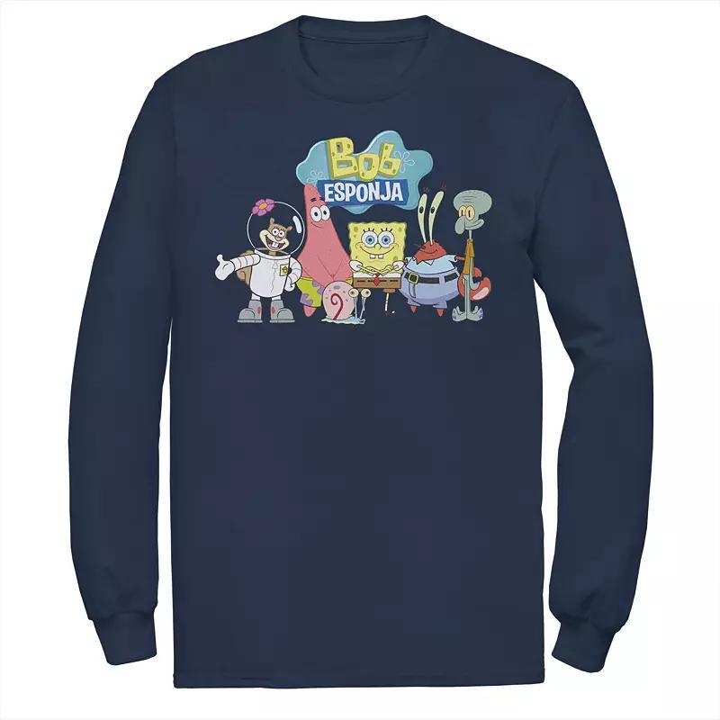 Mens Nickelodeon SpongeBob SquarePants Bob Esponja Happy Group Shot Long Sleeve Graphic Tee Black Product Image