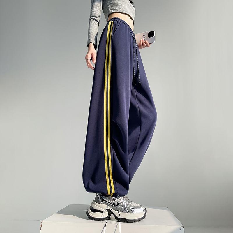 Drawstring Waist Striped Trim Wide Leg Sweatpants Product Image