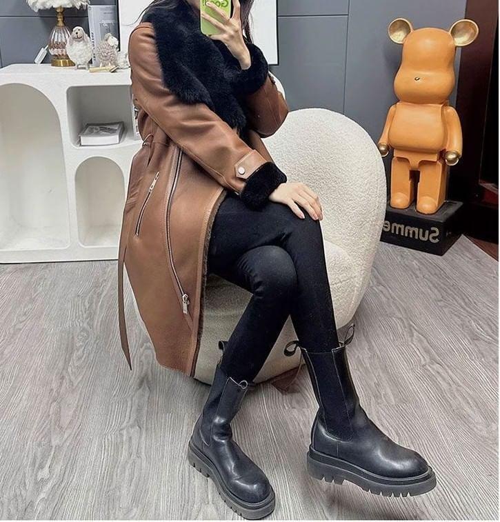 Fleece Collar Asymmetrical Faux Leather Zip Coat Product Image