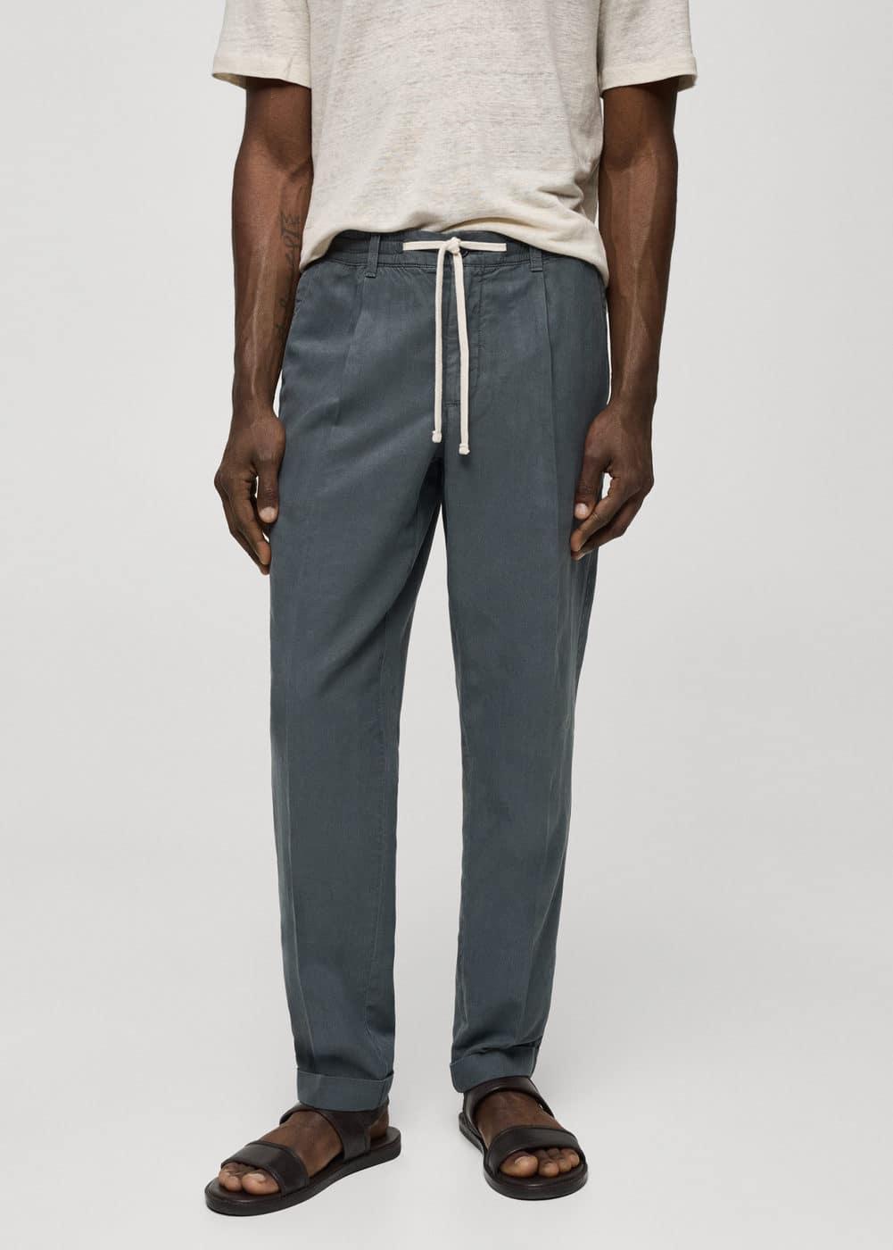 MANGO MAN - Linen-blend slim-fit pants with drawstring indigo blueMen Product Image