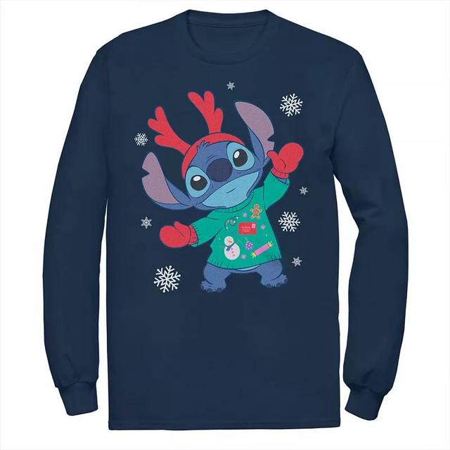 Disneys Lilo & Stitch Mens Christmas Sweater Stitch Long Sleeve Tee Blue Product Image