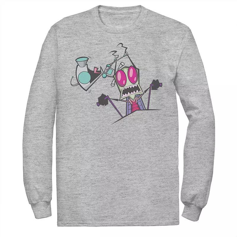 Mens Nickelodeon Invader Zim Gir Pulling Zims Antennas Portrait Long Sleeve Graphic Tee Athletic Grey Product Image