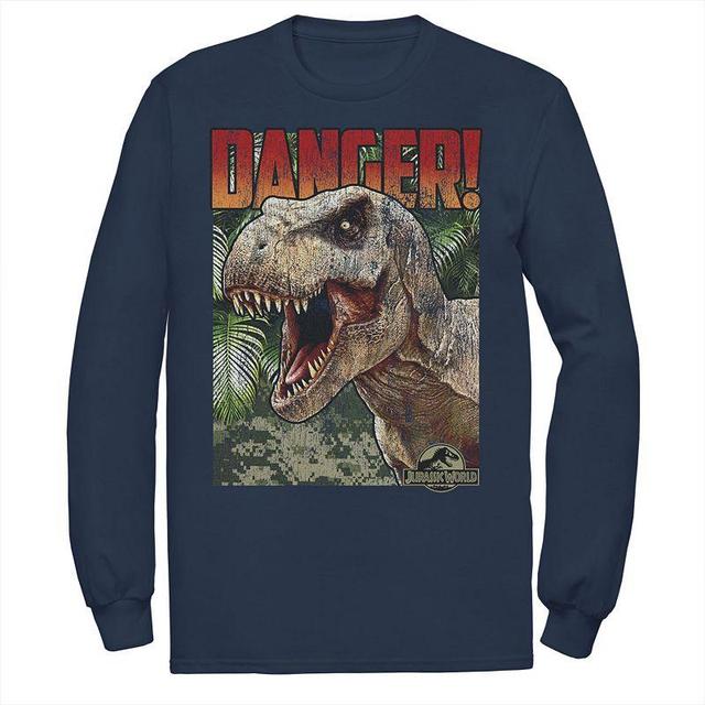 Mens Jurassic World Danger T-Rex Retro Poster Long Sleeve Graphic Tee Blue Product Image