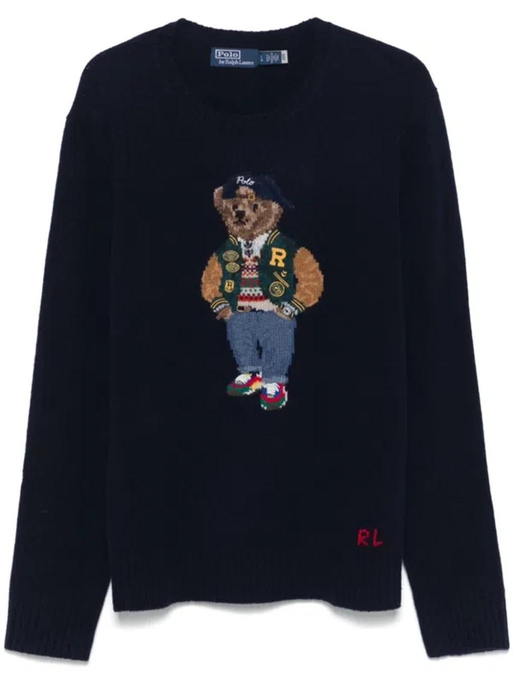 Polo Bear-intarsia Sweater In Blue Product Image