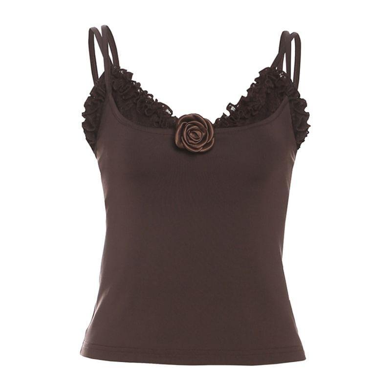 Set: V-Neck Plain Camisole Top + Lace Crop Top Product Image