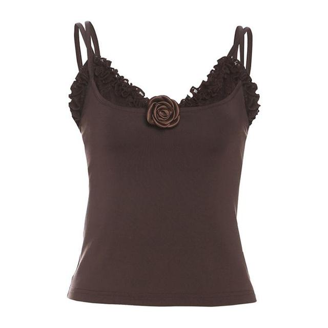 Set: V-Neck Plain Camisole Top + Lace Crop Top Product Image