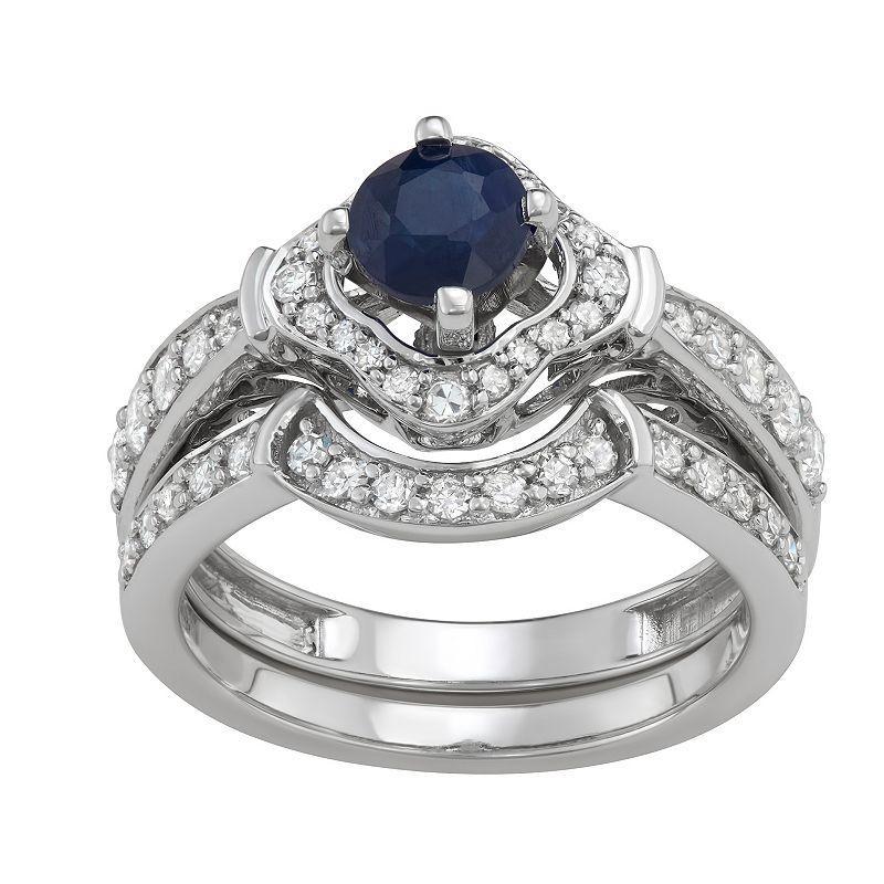 14k White Gold 1/2 Carat T.W. Diamond & Gemstone Halo Engagement Ring Set, Womens Blue Product Image