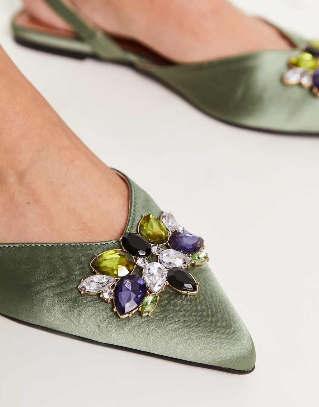 ASOS DESIGN Lyrical embellished slingback ballet flat in green Product Image