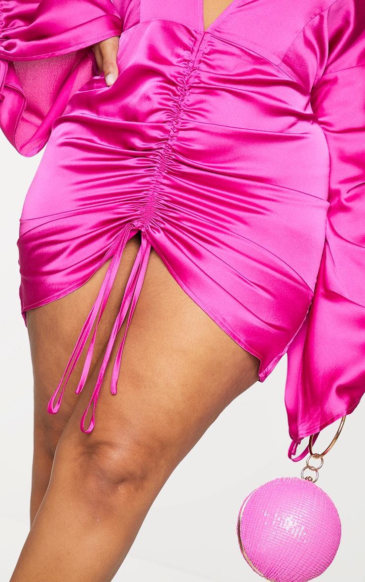 Plus Fuchsia Satin Plunge Ruched Front Dress Product Image