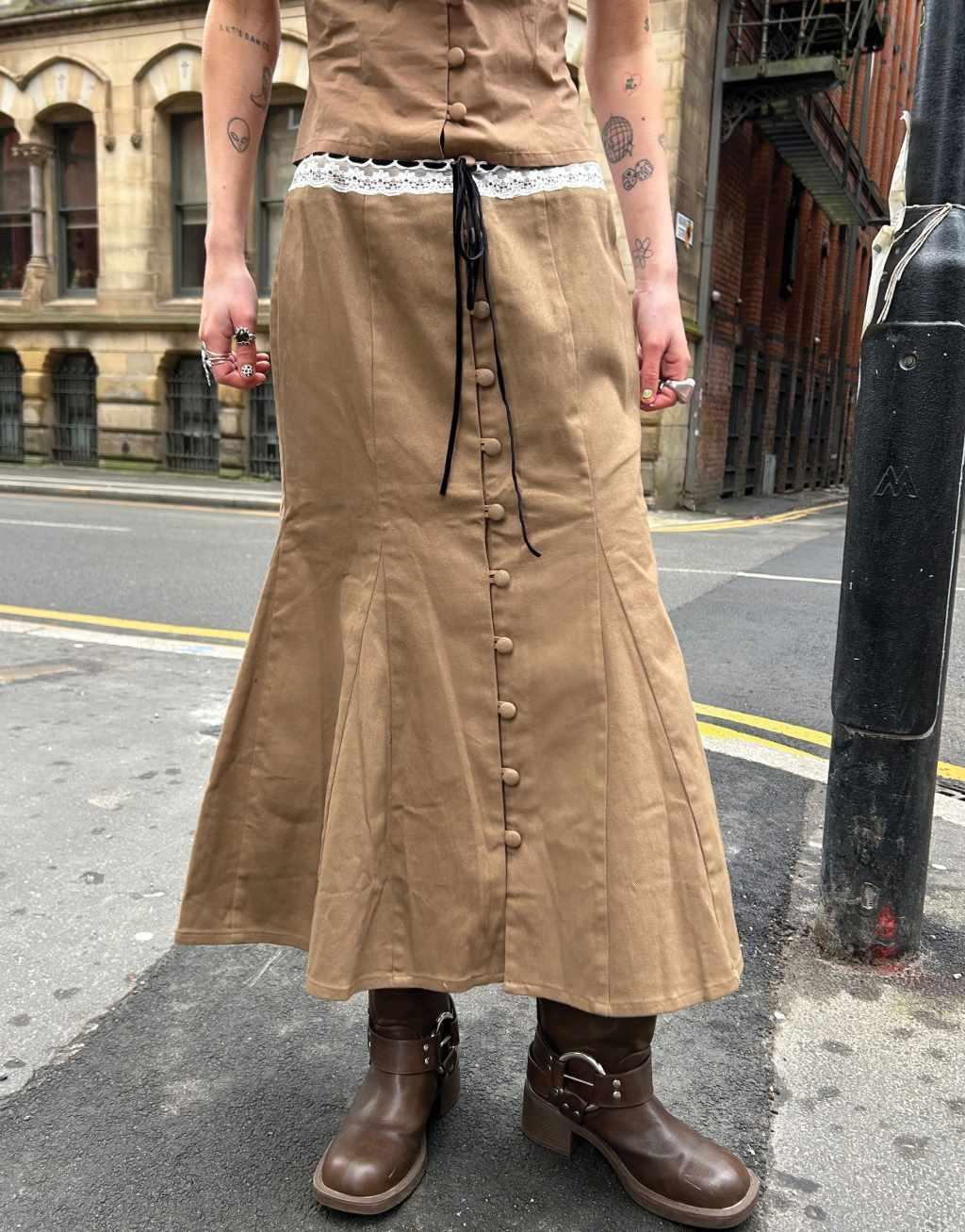 Labelrail x Daisy Birchall bow detail button up midi skirt in toffee - part of a set Product Image