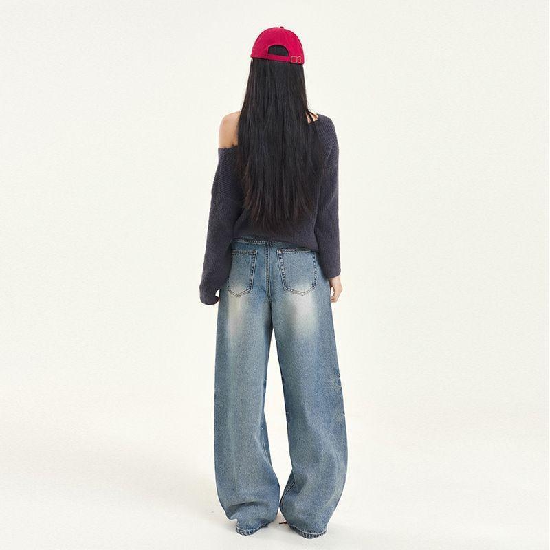 Mid Rise Washed Wide Leg Jeans (Various Designs) Product Image