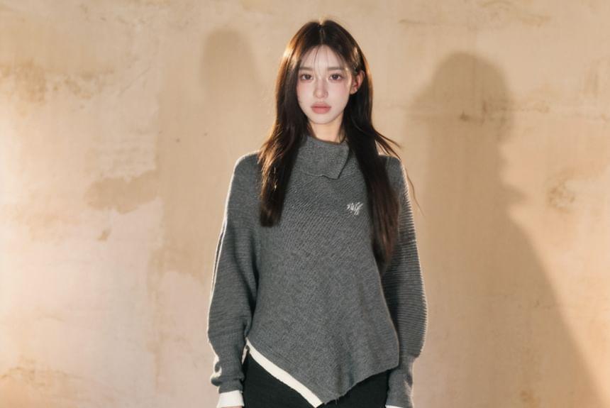 Turtleneck Mock Two-Piece Two Tone Asymmetrical Sweater Product Image