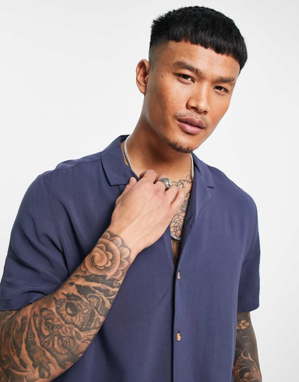 ASOS DESIGN relaxed viscose shirt in navy Product Image